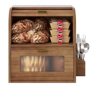 TQVAI Roll Top Bread Box for Kitchen Countertop, Keep Fresh Longer, Easy to Maintenance, Double Layer Vintage Wooden Breadbox with Window for Homemade Bread, Sandwich Loaves, Baked Goods (Retro Brown)