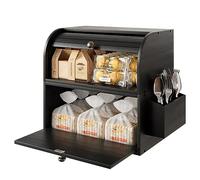 TQVAI Wooden Bread Bin, Bamboo Kitchen Bread Bin Large Container 2 Shelves Capacity with Roll Up Lid Cutlery Basket, Black, 17.98 x 24.9 x 36.06 inches(L*WxH)