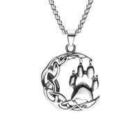 TQWSVUM Men Viking Crescent Moon Wolf Paw Necklace - Nordic Celtic Knot Odin Fenrir Wolf Claw Print Stainless Steel Pendant - Vintage Animal Amulet Hip Hop Street Jewelry