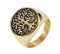 TQWSVUM Mens Celtic Tree of Life Signet Ring - Norse Mythology Viking Yggdrasil Stainless Steel Ring - 18K Gold Plated Vintage Round Tree of Life Ring Protection Amulet Jewelry (Style : Gold_07)