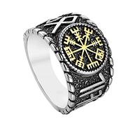 TQWSVUM Men's Stainless Steel Viking Vegvisir Compass Ring,Nordic Runic Biker Band Thumb Ring,Gothic Vintage Celtic Pagan Amulet Protection Jewelry