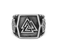 TQWSVUM Men's Valknut Thor's Hammer Viking Ring - Nordic Pirate Celtic Knot Mjolnir Stainless Steel Ring - Handmade Vintage Hip Hop Odin's Triangle Symbol Amulet Jewelry