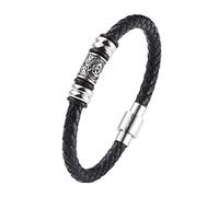 TQWSVUM Men's Viking Compass Leather Braided Bracelet - Nordic Stainless Steel Beads Single Layer Wristband - Couple Vintage Celtic Triquetra Knot Amulet Jewelry