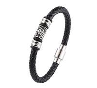 TQWSVUM Men's Viking Compass Leather Braided Bracelet - Nordic Stainless Steel Beads Single Layer Wristband - Couple Vintage Celtic Triquetra Knot Amulet Jewelry
