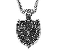 TQWSVUM Men's Viking Deer Head Shield Pendant Necklace - Nordic Compass Celtic Knot Animal Amulet Jewelry - Stainless Steel Vegvisir Totem Vintage Sweater Clavicle Chain