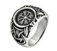 TQWSVUM Men's Viking Vegvisir Ouroboros Ring, Nordic Compass Stainless Steel Ring, Handmade Vintage Gothic Biker Band Celtic Pagan Amulet Jewelry Size 8-13
