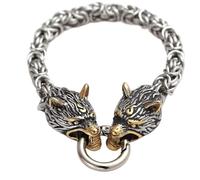 TQWSVUM Mens Wolf Head Bracelet, Norse Viking Pagan Celtic Fenrir Bangle, Stainless Steel Handmade Braided Cuff King Chain with Spring Ring Clasp