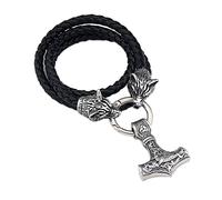 TQWSVUM Nordic Celtic Thor's Hammer Leather Necklace - Mens Stainless Steel Mjolnir Amulet Pendant - Handmade 6MM Leather Braided Rope Chain Viking Jewelry