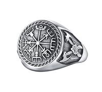 TQWSVUM Nordic Viking Axe Vegvisir Pirate Men Vintage Stainless Steel Compass Runic Ring - Boys Cocktail Party Biker Valknut Symbol Amulet Ring Jewelry Size 7-13