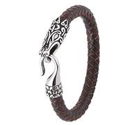 TQWSVUM Nordic Viking Dragon Bracelet For Men,Stainless Steel Dragon Head Buckle Braided Leather Bangle, Fashion Vintage Animal Amulet Jewelry With Valknut Gift Bag