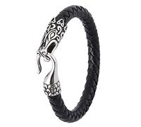 TQWSVUM Nordic Viking Dragon Bracelet For Men,Stainless Steel Dragon Head Buckle Braided Leather Bangle, Fashion Vintage Animal Amulet Jewelry With Valknut Gift Bag