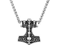 TQWSVUM Nordic Viking Mjolnir Skull Pendant Necklace - Men's Stainless Steel Vintage Thor's Hammer Skull Amulet - Fashion Punk Gothic Hip Hop Sweater Clavicle Chain Jewelry