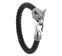 TQWSVUM Nordic Viking Odin Wolf Braided Leather Bracelets, Men Stainless Steel Wolf Head Buckle Cuff Bangle, Gothic Punk Hip Hop Medieval Religious Talisman Jewelry