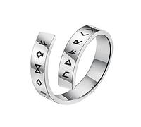 TQWSVUM Nordic Viking Ring Adjustable Open Ring,Men Women Elder Futhark Ring, Stainless Steel Band Ring Pagan Amulet Vintage Norse Jewelry Size 7-12