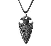 TQWSVUM Norse Viking Compass Spear Head Necklace - Men Women Stainless Steel Arrowhead Pendant with Braided Leather Rope Chain - Vintage Handmade Vegvisir Amulet Jewelry