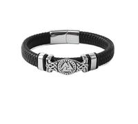 TQWSVUM Valknut Bracelet for Men - Viking Odin Triangle Symbol Braided Leather Bracelet - Vintage Stainless Steel Celtic Knot Amulet Cuff Wirstband Norse Mythology Jewelry(Silver_21CM)
