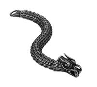 TQWSVUM Viking Dragon Bracelet - Nordic Men's Vintage Keel Dragon Scale Bracelet - Handmade Metal Heavy Stainless Steel Black Plated Animal Amulet Biker Hip Hop Jewelry (Color : Black_19.5CM)