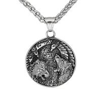 TQWSVUM Viking Fenrir Wolf Head Necklace for Men, Norse Dual Color Stainless Steel Wolf Pendant Amulet,Handmade Vintage Odin Crow Totem Fashion Punk Street Rock Jewelry