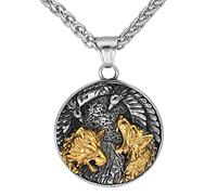 TQWSVUM Viking Fenrir Wolf Head Necklace for Men, Norse Dual Color Stainless Steel Wolf Pendant Amulet,Handmade Vintage Odin Crow Totem Fashion Punk Street Rock Jewelry