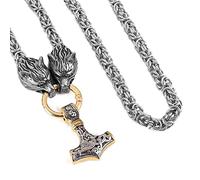 TQWSVUM Viking Mjolnir Stainless Steel Wolf Head Necklace, Mens Thor's Hammer Pendant Byzantine Chain,Handmade Vintage Celtic Knot Totem Norse Pagan Jewelry
