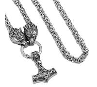 TQWSVUM Viking Mjolnir Stainless Steel Wolf Head Necklace, Mens Thor's Hammer Pendant Byzantine Chain,Handmade Vintage Celtic Knot Totem Norse Pagan Jewelry