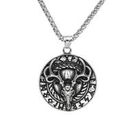 TQWSVUM Viking Runes Deer Head Necklace for Men - Nordic Vintage Elk Skull Stainless Steel Pendant - Handmade Metal Polished Fashion Hip Hop Biker Animal Amulet Jewelry