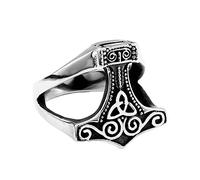 TQWSVUM Viking Thor's Hammer Mjolnir Ring - Nordic Men's Stainless Steel Odin Celtic Knot Ring - Vintage Handmade Polished Punk Animal Amulet Jewelry