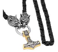 TQWSVUM Viking Wolf Head Black King Chain Mjolnir Necklace - Men's Stainless Steel Celtic Odin Pendant - Handmade Vintage Norse Pagan Amulet Jewelry