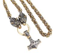 TQWSVUM Viking Wolf Head Mjolnir Byzantine Chain Stainless Steel Necklace -Nordic Celtic Wolf Thor's Hammer Pendant Amulet - Men Viking King Chain Pagan Jewelry