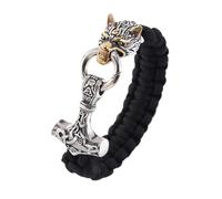 TQWSVUM Viking Wolf Head Mjolnir Paracord Bracelets for Men - Handmade Odin Wolf Thor's Hammer Rope Braided Bracelet - Norse Mythology Animal Stainless Steel Talisman Jewelry(Gold_23CM)