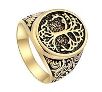 TQWSVUM Yggdrasil Ring for Men Women - Norse Mythology Viking Stainless Steel Tree of Life Signet Ring - Handmade Gold Plated Polished Heavy Metal Pagan Amulet Ring Jewelry