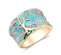 tqyzkh Lucky Flower Tree Rings Gold Pink Opal Green Enamel Wide Ring for Woman Party Crystal Vintage Jewelry, Alloy,Gold, semi-precious stones