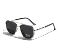TR90 Polarised Sunglasses Retro Square Flattop Sunglasses Double Bridge Full Frame UV400 Lens Glasses, Silver with black