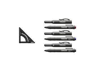 TRACER 7" ProSquare Adjustable Measuring Tool & Clog-Free Construction Marker Kit with Site Holster - Black, Blue, and Red