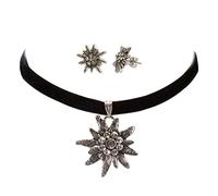 Trachten-Paradies Dirndl Necklace and Earrings Set, Velvet Choker, Elastic, Edelweiss Stud Earrings, Women's Costume Jewelry, Black, 30 cm + 7 cm, Oktoberfest