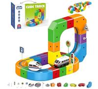 Track Fusion Toy, DIY Cube Track Trackle Toy Set, 3D Magnetic Infinity Race Car Tracks Building Kits with Train and Traffic Signs for Boys Girls Birthday Party Gifts(51pcs)
