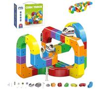 Track Fusion Toy, DIY Cube Track Trackle Toy Set, 3D Magnetic Infinity Race Car Tracks Building Kits with Train and Traffic Signs for Boys Girls Birthday Party Gifts(81pcs)