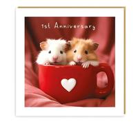 Tracks Publishing 1st Anniversary Card - Happy Paper Anniversary Card 1 Year with Cute Hamsters in Heart Mug Design - for a Special Couple