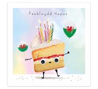 Tracks Publishing Amusing Birthday Card for Men or Women - Cake & Welsh Flag Balloons - Premium Greeting Card with Envelope - Penblwydd Hapus