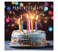 Tracks Publishing Birthday Greeting Card for Men/Women - Vibrant Cake & Candles Design - Premium Happy Birthday Greeting Card in Welsh with Envelope - Penblwydd Hapus