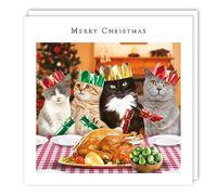 Tracks Publishing Charity Christmas Card Pack of 5 - Funny Cat Christmas Dinner Party - Christmas Card Multipack - In Aid of UK Charities