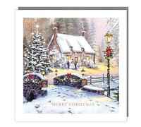 Tracks Publishing Charity Christmas Cards - Decorating the Snowman Outside Snowy Cottage with Foil Finish - Eco-Friendly - Pack of 5 Cards