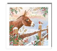 Tracks Publishing Charity Christmas Cards - Donkey and Robin at Snowy Farm Gate with Foil Finish - Eco-Friendly - Pack of 5 Cards