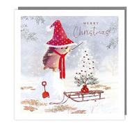Tracks Publishing Charity Christmas Cards - Hedgehog in Christmas Hat with Sledge, Tree and Flittered Snow - Eco-Friendly - Pack of 5 Cards