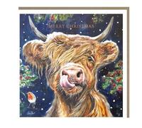 Tracks Publishing Charity Christmas Cards Pack of 5 - Charity Christmas Cards with a Festive Highland Cow and Robin Design - Eco-Friendly Xmas Cards Multipack with Envelopes