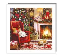 Tracks Publishing Charity Christmas Cards - Sleeping Dog and Cat by the Fireplace with Foil Finish - Eco-Friendly - Pack of 5 Cards