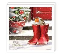 Tracks Publishing Christmas Cards Pack of 10 - Red Robin sat on Snowy Welly Boots - Eco-Friendly & Recyclable