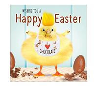 Tracks Publishing Easter Card - 'Happy Easter' - Easter Chick With Googly Eyes Eating Chocolate - From The Fluff Range, Yellow Blue Brown Orange, 138 x 138mm