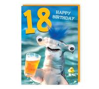 Tracks Publishing Funny 18th Birthday Card for Men - Hammerhead Shark and Beer Amusing Design - Googly Eyes and Fluff Embellishment - Age 18 Birthday Greeting Card - For Him