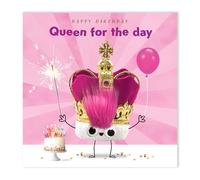 Tracks Publishing Funny Birthday Card for Women - Amusing Crown & Party Design - Queen for The Day - Googly Eyes & Fluff Embellishment - Premium Greeting Card with Envelope